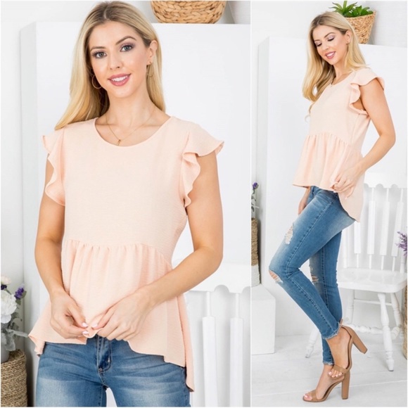(19)New USA MADE Peach Women’s Ruffle Hi Low Beautiful Spring Summer Top - Picture 2 of 3